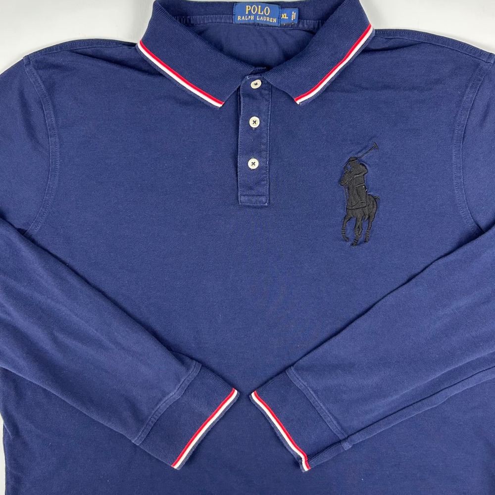 Polo Ralph Lauren Mens XL Navy Long Sleeve Big Pony Polo Shirt Red White Trim